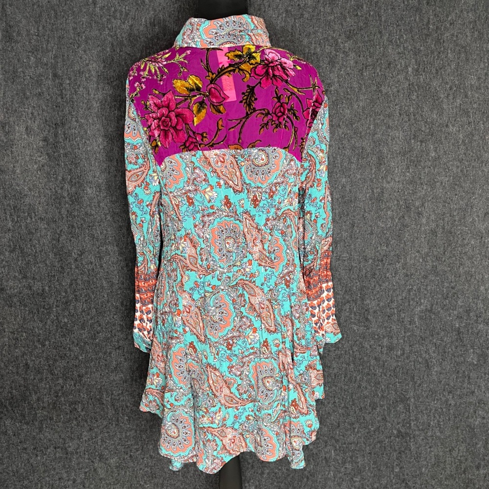 Cyrena Mixed Print Boho Paisley Floral Velvet Burnout Tunic Bell Sleeve Top Sz L
